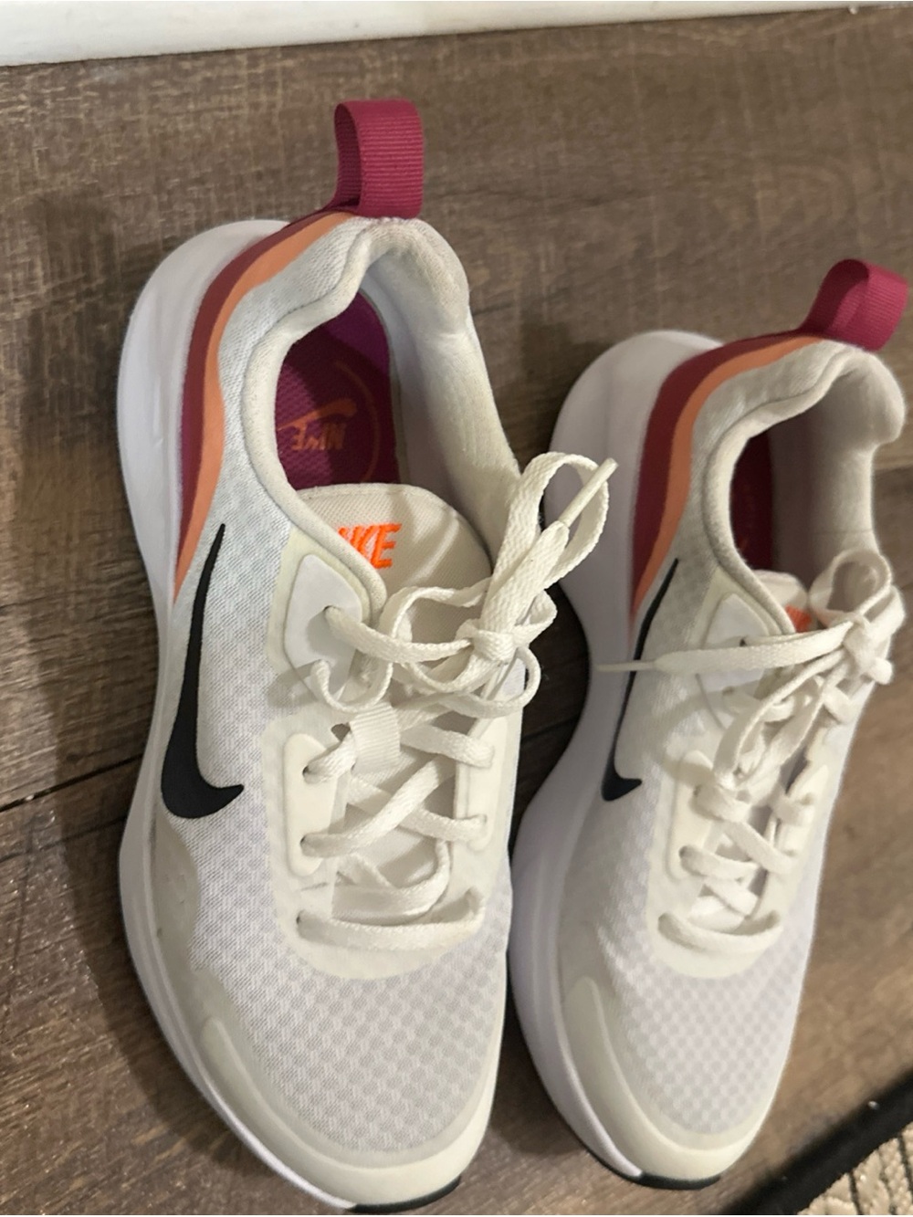 Nike CJ1677-103 White Women's Running Shoes with Black Swoosh and Pink & Orange